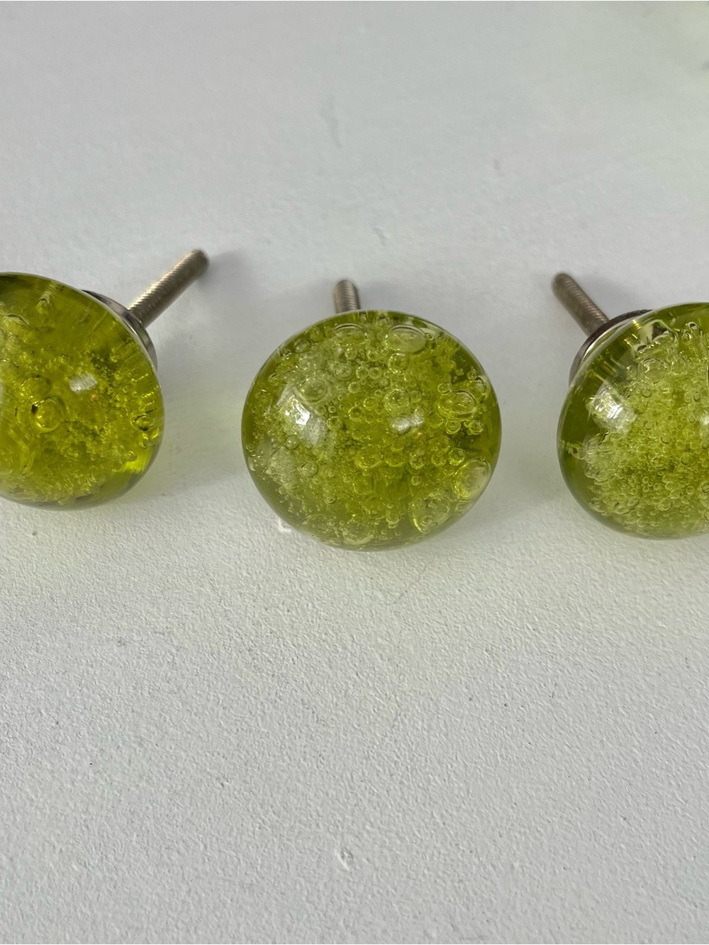 Green Glass Dresser Cabinet Knobs Drawer Pulls Set of 3 Controlled Bubbles 1.5”